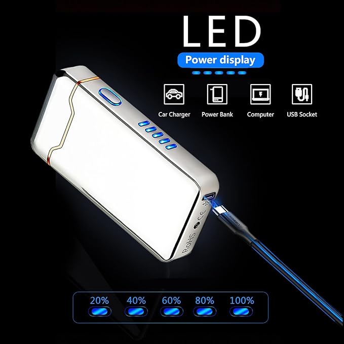YOZWOO Rechargeable USB Electric Lighter High Power Flame Arc Lighters Plasma Lighters Windproof Camping Lighter with Long Battery Life for Home and Outdoor (Silver)