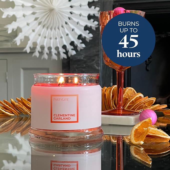 PartyLite 3-Wick Jar Candle, Highly Fragranced Clean Burning Glass Candle, 25-45 Hours Burn Time (Clementine Garland)