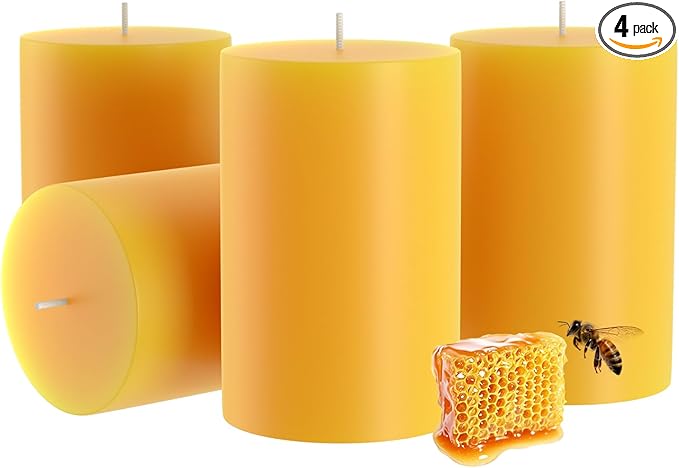 100% Pure Natural Beeswax Pillar Candles-80 Hours Long Burning Time Emergency Beeswax Candles | Organic Bees Wax for Home, Prayer, Christmas, Party | Unscented, Smokeless, Dripless 4 Pack (2×3 inch)