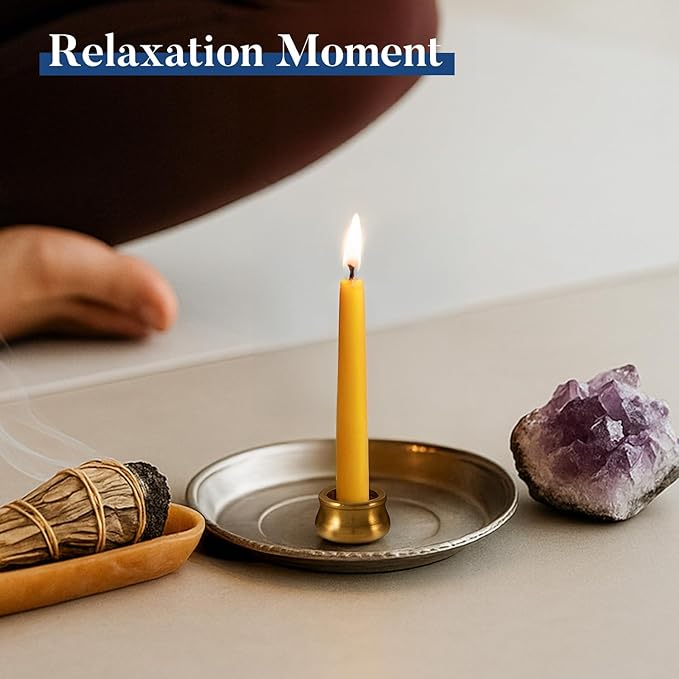 Crenovo 20 Minute Beeswax Meditation Candles, 24 Pack Mini Taper Candles with Brass Holder, Dripless, Smokeless, Gift-Ready Packaging for Meditation and Prayer