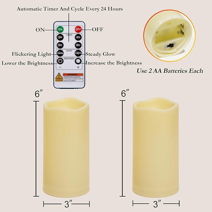 Homemory 3"x6" Flameless Candles, Outdoor Waterproof, Battery Operated LED Pillar Candles with Remote Control and Timer, Plastic, Long Lasting