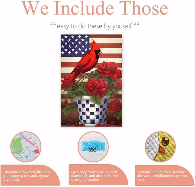 GUAIEUW Flowerpot Red Bird Flag Diamond Painting Kit for Adults, Full Round Diamond Cardinal Bird 5D Diamond Painting DIY Art Crafts for Winter Home Wall Decor Holiday Gift 16x24 Inch
