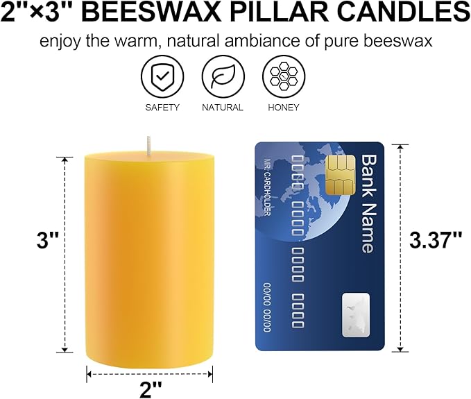 100% Pure Natural Beeswax Pillar Candles-20 Hours Long Burning Time Emergency Beeswax Candles | Organic Bees Wax for Home, Prayer, Christmas, Party | Unscented, Smokeless, Dripless 1 Pack (2×3 inch)