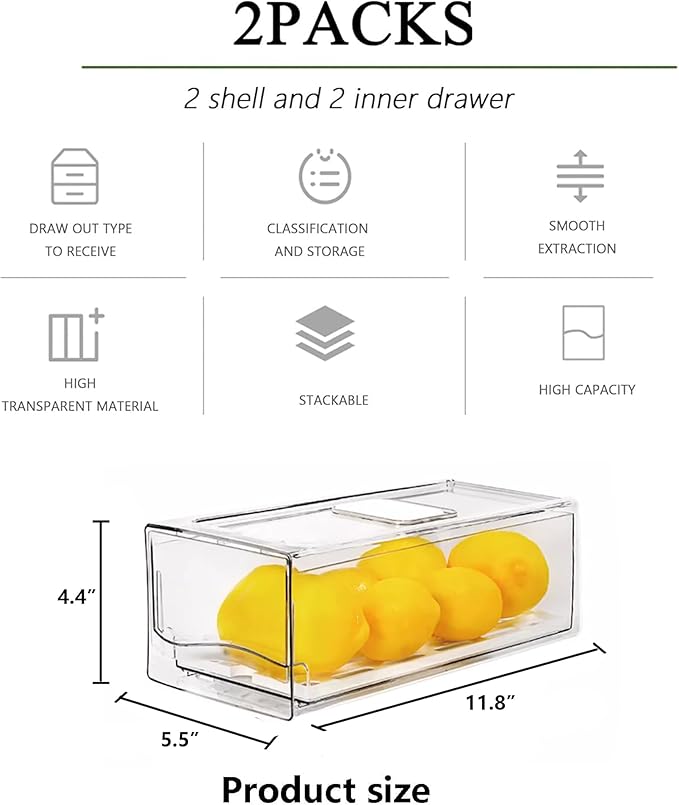 2 Pack Fruit Storage Containers for Fridge, Stackable Refrigerator Organizers and Storage,Reusable Storage Containers Clear Fridge Drawer for Produce,Vegetable in Home Kitchen, Restaurant,BPA-Free