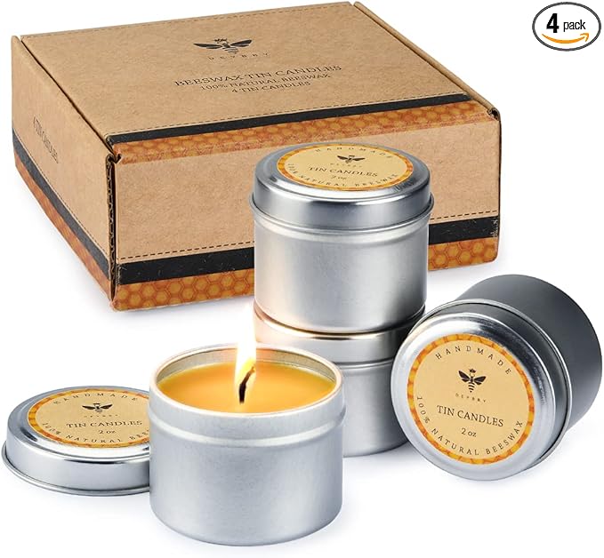 DEYBBY Pure Beeswax Emergency Candle Set of 4 - Natural Honey Scented Travel Tin