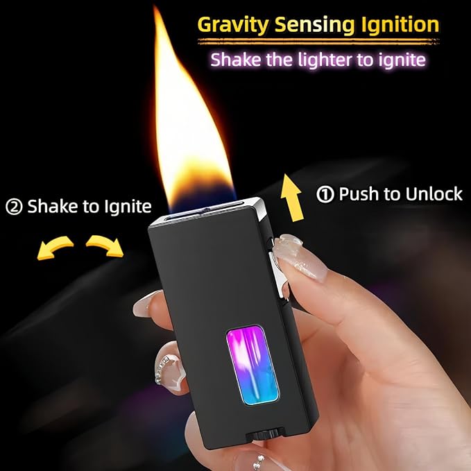 Extra Wide Flame Butane Lighters, Gravity Sensing Shake to Ignite, Adjustable Flame Size, USB-C Charging and Refillable Lighter with Safety Lock (Fuel Not Included) (Black)