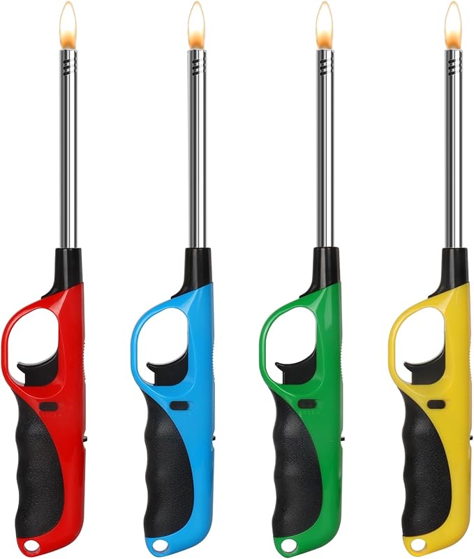 Candle Gas Lighter with Extended Long Wand Handy Refillable for Kitchen Fireplace Pilot Lighter BBQ Grill Stove, 4 Pack (Butane Included)