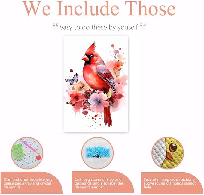 GUAIEUW Red Bird Tie-Dye Flower Diamond Painting Kit for Adults, Full Round Diamond Cardinal Bird 5D Diamond Painting DIY Art Crafts for Winter Home Wall Decor Holiday Gift 20x24 Inch