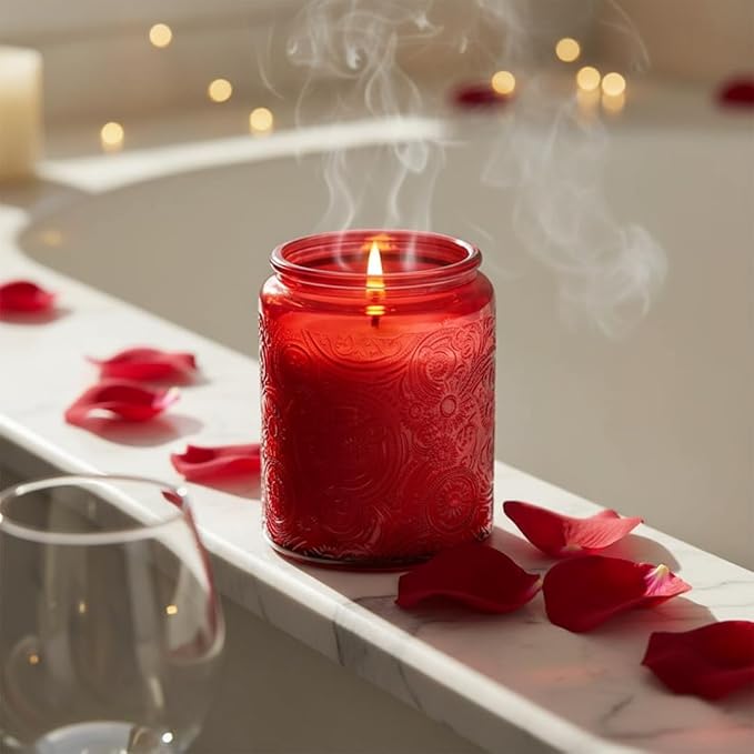 9-Pack 8oz Embossed Glass Candle Container with Bamboo Lids and Labels, Red Candle Jars for Making Candles, Sun Moon Star Design