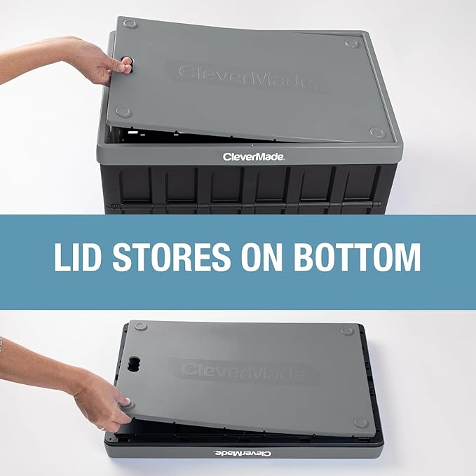 CleverMade Collapsible Storage Bins with Lids (62L, 3 Pack) – Heavy Duty Foldable Plastic Storage Crates for Garage, Closet & Trunk Organization - Obsidian