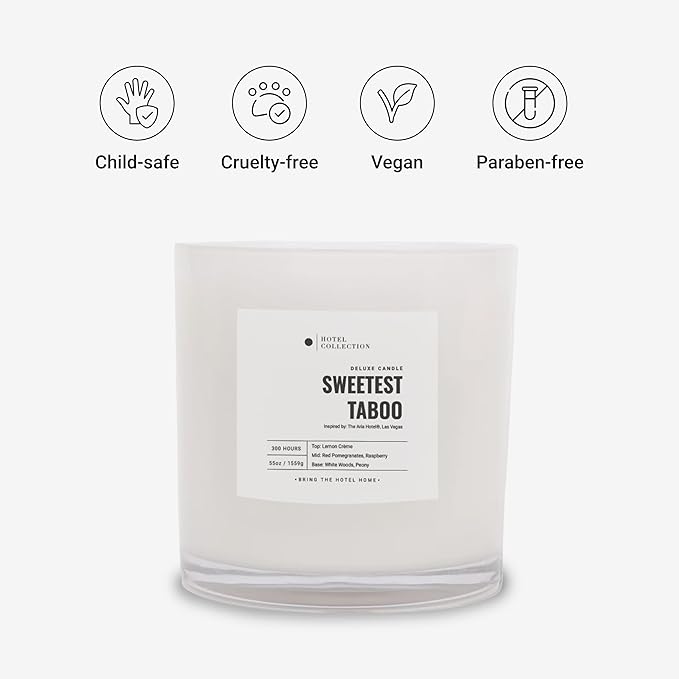 Sweetest Taboo Deluxe Scented Candle, Luxury Hotel Inspired Big Candle with Hints of Decadent Citrus, Juicy Berries, and Floral Peony, Long Lasting 300 Hour Burn Time, 55oz White