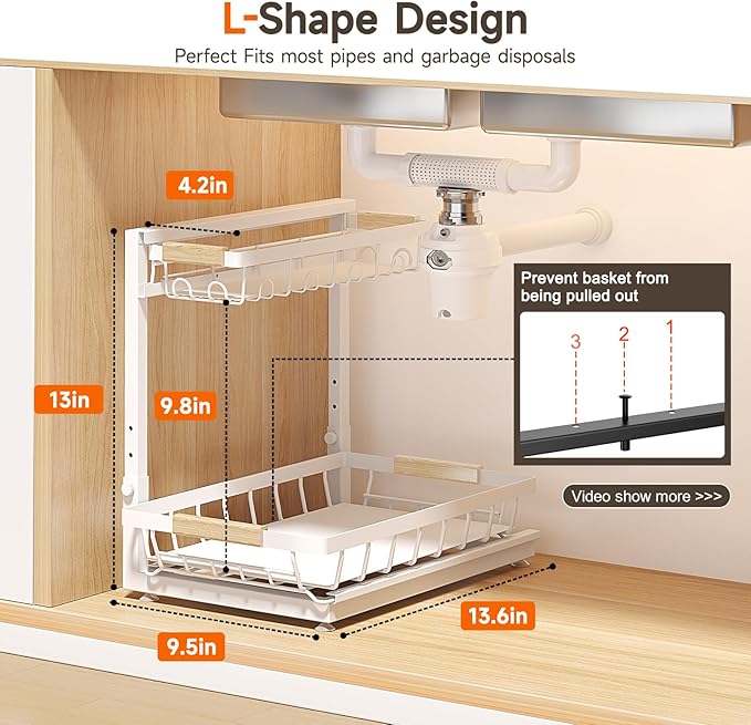 2 Packs Under Sink Organizer, Height Adjustable 3 Tier Under Kitchen Sink Organizer, Multi-Purpose Storage Shelf for Kitchen Bathroom Cabinet (White, Large)