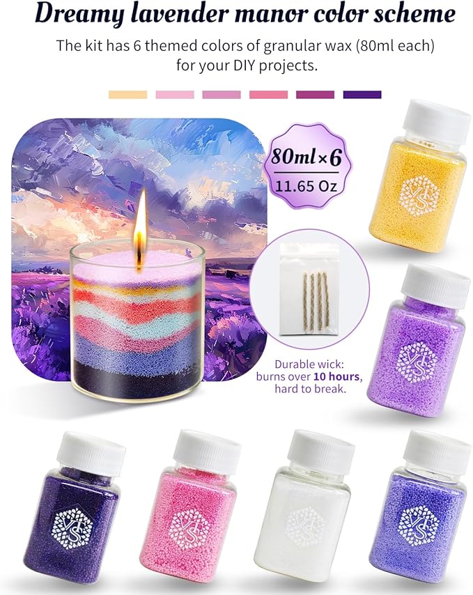 Lavender Field DIY Pearled Candle Sand Set -11 Oz Sand Wax Beads (6 Colors), 2x10ml Scented Essential Oils, 4 Reusable Wicks, Glass Cup & Spoon, Home Decor & Handmade Gift & Craft Enthusiasts