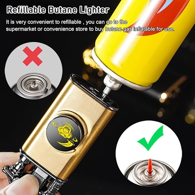 Torch Lighter, Magic Dual Flame Dragon Lighters with Adjusting Flame Tool, Creative Windproof Cool Design, Refillable Butane Lighter Gifts for Men Friend Outdoor Indoor(Without Butane)-Gold Crocodile