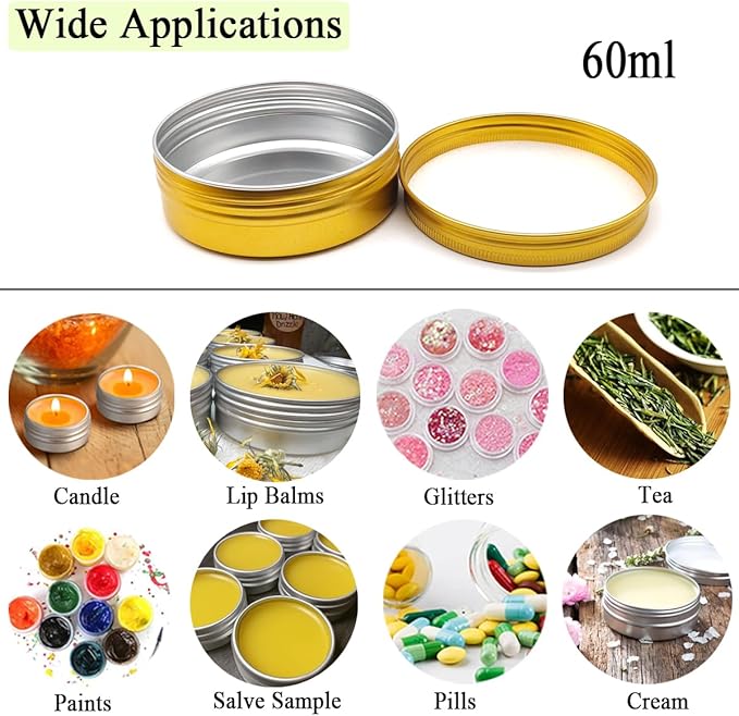 10pcs 60ml Round Lip Balm Tin Cans, 60 Gram Aluminum Tins Gold Cosmetic Sample Containers with Screw Lid, 60g Metal Empty Storage Travel Jars for Salves, Lip Balms, Face Cream, Candle, Tea