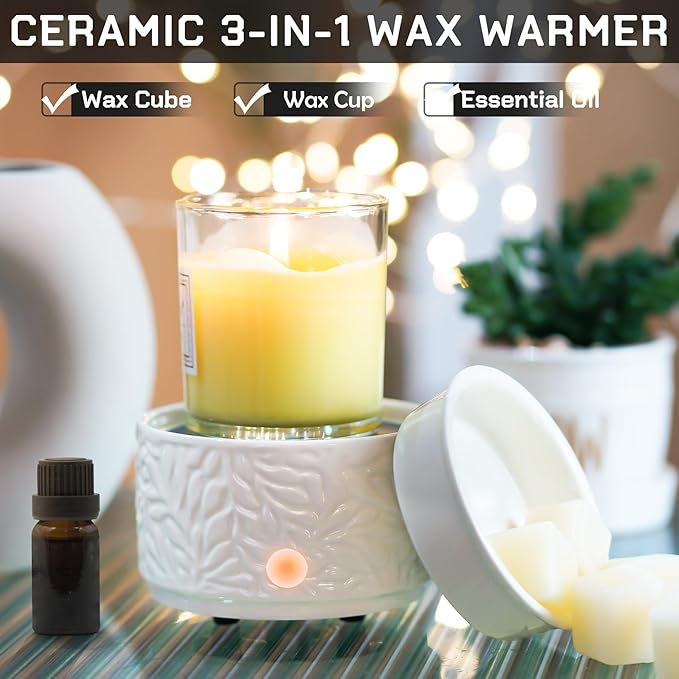 ElusiaKa Wax Melt Warmer 3-in-1 Electric, Ceramic Wax Burner for Scented Wax, Scented Wax Melter & Essential Oil Burner for Home Aromatherapy, White