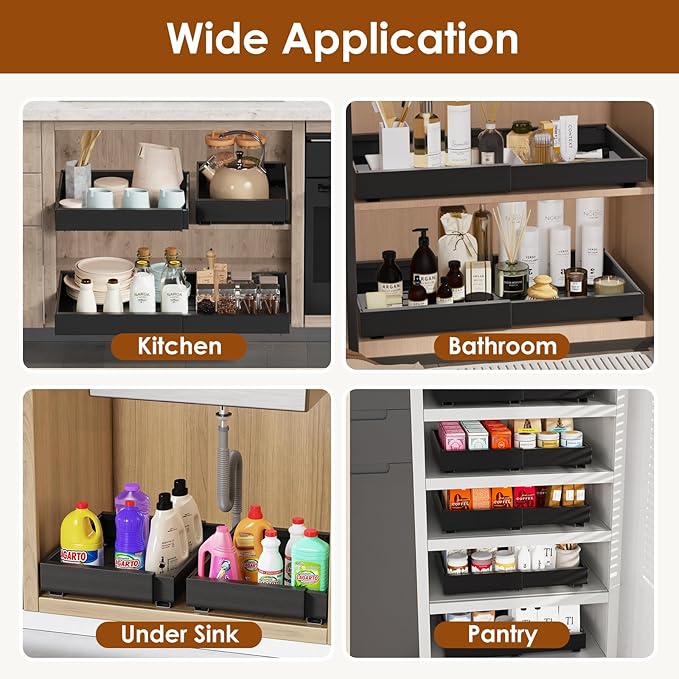 2 Pack Expandable Pull Out Cabinet Organizer 16.5" Deep, Adjustable Width 12.6"-20.5", No Drill Adhesive with Triple Track Rails, Heavy Duty Slide Out Drawers for Kitchen,Pantry,Cabinets,Black