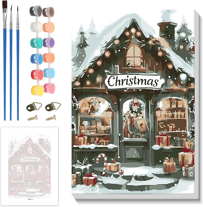 Skyboda Christmas Shop Paint by Numbers Kit for Adults Beginners with Frame, Christmas Adult Paint by Number Kits on Canvas, Easy DIY Oil Painting Kits for Home Decor, 8x12in