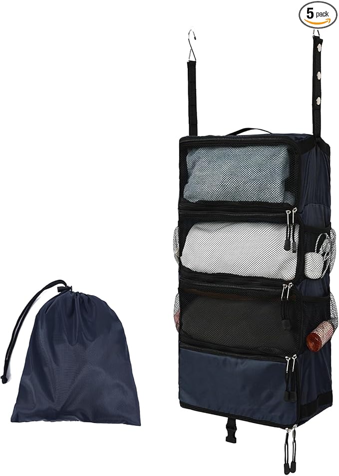 TABITORA Travel Luggage Organizer Hanging Packing Cubes Portable Hanging Shelves Carry on Closet for Suitcase with 2 Hooks,Collapsible(Navy,S)