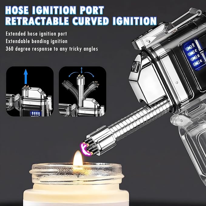 Electric Lighter with 360° Flexible Long Neck Plasma Lighters, LED Battery Display & Flashlight, USB Rechargeable Flameless Arc Windproof Lighters for Candle, Outdoor, Camping, Survival (Blue)