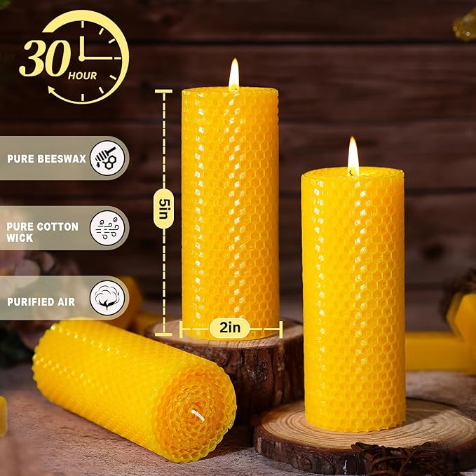 4 Pack Beeswax Candles, Pure Natural Beeswax Pillar Candles-80 Hours Long Burning,Organic Bees Wax Candles for Home,Paryer,Parties,Unscented Dripless Smokeless Beeswax Candle Bulk 2x5in