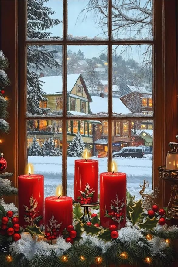 TMOLZ DIY Festive Candle Window Diamond Painting - 5D Scenery Craft Set for Adults, Luxe Wall Art Gift for Holiday Decor - 16x24 Inch