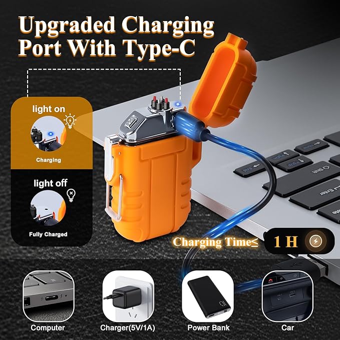 LcFun Electric Lighter - USB C Rechargeable, Windproof, Waterproof Flameless Dual Arc Plasma Lighters with Portable Lanyard for Adventure, Survival Tactical, Camping Gadgets for Men (Orange)