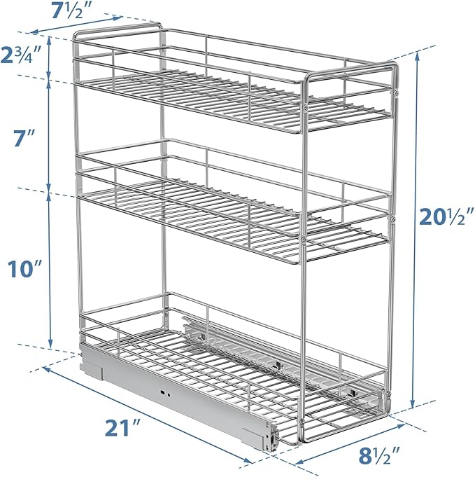 ROOMTEC 3-Tier Pull Out Cabinet Organizer for Narrow Cabinet (8.5" W X 20.5" D), Kitchen Cabinet Organizer and Storage Cabinet Pull Out Shelves Under Cabinet Storage for Kitchen, Chrome