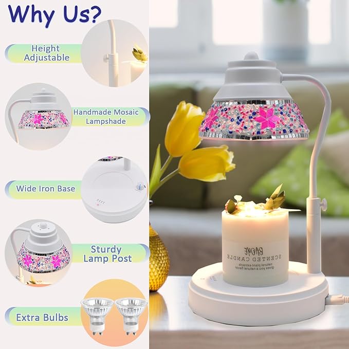 Electric Candle Warmer Lamp with Colorful Diamond Lampshade, Metal Wax Melting Lattern with Timer and Dimmer, Adjustable Height Candle Melting Lamp Home Decor (White Purple)