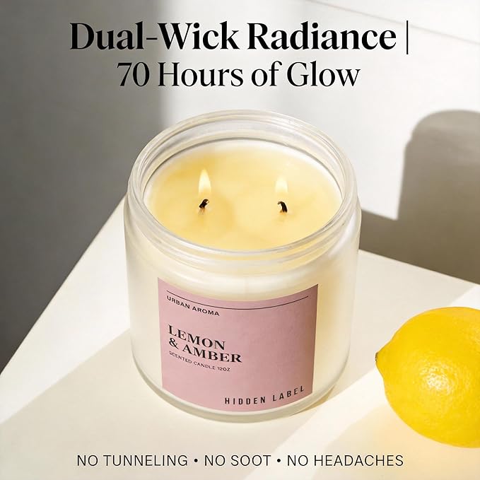 Hidden Label Lemon & Amber Scented Candle | 12oz Natural Soy Candle | Warm Citrus & Golden Amber | 70-Hour Clean Burn | Modern Boho Home Décor | Cozy Hygge Gift for Women, Housewarming