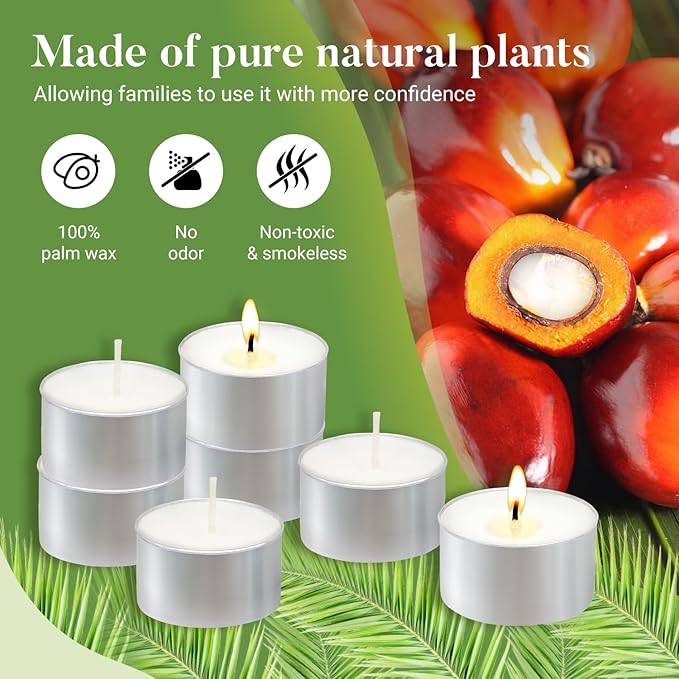Unscented Tea Lights Candles 100 Pack,6 Hours Long Burning White Tea Candles Bulk,Non-Paraffin, Clean Burn, Smokeless, Palm Tealight Candles for Wedding,Centerpiece,Christmas Lights,Home Dceor
