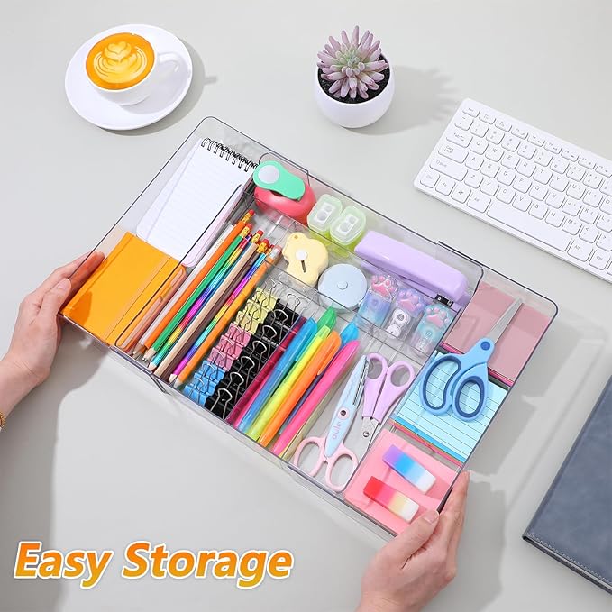 2 Pcs Clear Expandable Drawer Organizer, Adjustable Drawer Dividers Tray with Compartments for Office, Kitchen, Desk Supplies