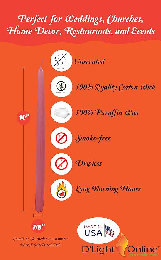 D'light Online Elegant 10" Unscented Rosewood Blush Pink Taper Candles, Premium Quality Hand-Dipped Tapered Candles, Dripless and Smokeless - Set of 12 Individually Wrapped (10 Inch, Rosewood Pink)