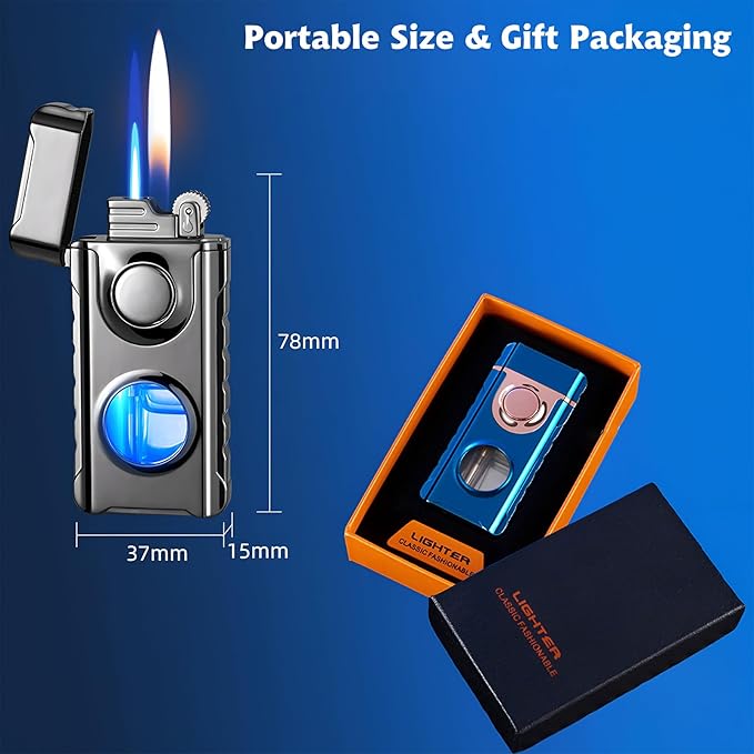 Torch Lighter, Creative Dual Flame Lighter with 6pcs Flint Stone, Windproof Lighter with Visible Fuel Tank, Adjustable Soft Flame and Jet Flame 2 in1,Refillable Butane Lighter for Gifts Men-Ice Blue