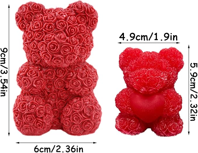 2-Pack 3D Rose Bear Candle Molds, Valentine's Day Silicone Molds, DIY Paint Your Own Heart Bear or Rose Bear Candle, Home Gifts Making Wax Ceramic Clay Mother’s Day Gift Birthday Gift