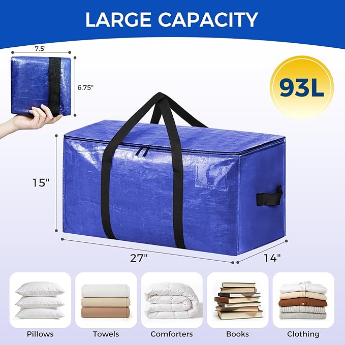 BAGAIL Heavy Duty Moving Bags with Strong Handle, Extra Large Moving Boxes, Storage Tote for Clothes, College Moving Supplies(Dark Blue, 4 Pack)