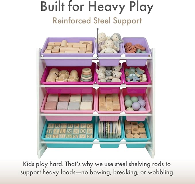 Humble Crew Kids Toy Storage Organizer with 12 Plastic Bins, White/Pink/Purple/Turquoise – Removable Bins for Playroom, Bedroom, Toddler Furniture for Boys and Girls Ages