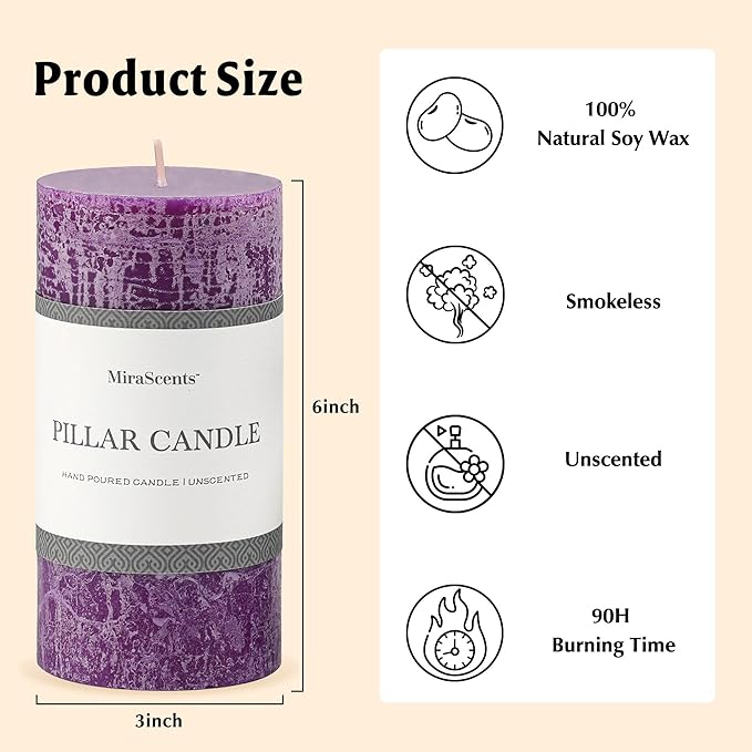 3x6 Inch Purple Pillar Candles Set of 3 - Hand-Poured Unscented Candles, Long Clean Burning, Large Big Candle, Smokeless Dripless Candle for Dinner Table, Wedding, Home, Bathroom, Advent Decor