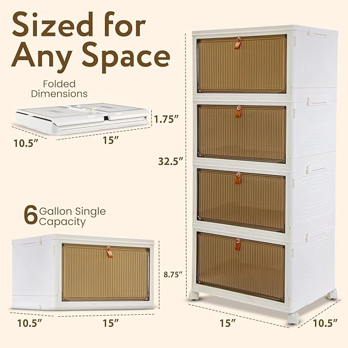 FELICON 6 Gallon 4 Tier Storage Bins with Lids,Magnetic Door,Wheels,Collapsible Organizer Foldable Container,Wardrobe Closet for Bedroom Living Room Neat,Dorm,Organized Homes(White)