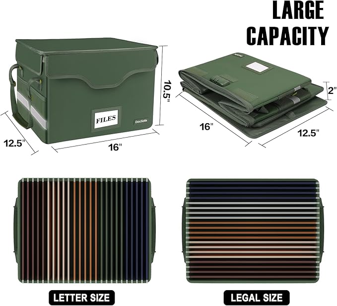 DocSafe Fireproof Document Box with Lock,File Storage Organizer with Pockets,Collapsible Portable File Box Home Office Safe Filing Cabinet with Handle for Hanging Letter/Legal Folders,Green,2 Pack