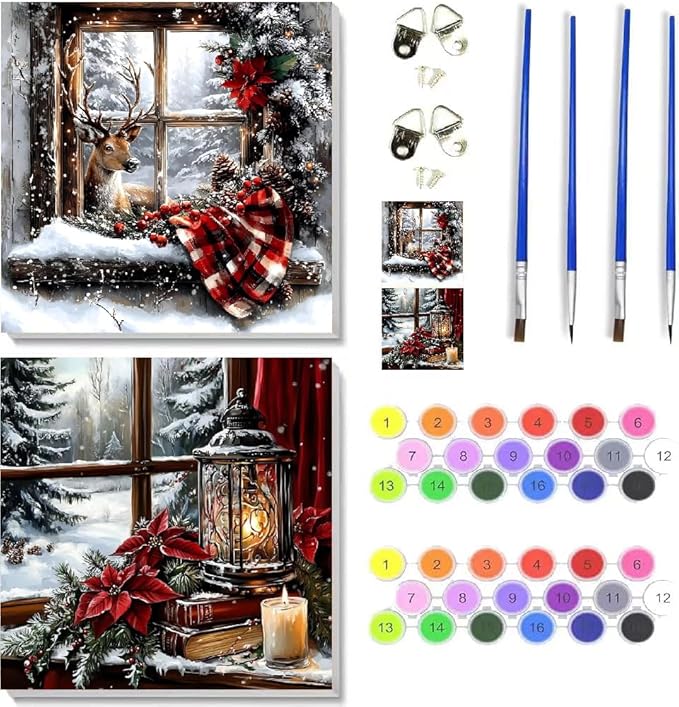 NEGEKFKX 2 Pack Christmas Paint by Numbers Kit for Adults Beginner with Framed,Deer Easy Adult Paint by Number Kits on Canvas DIY Painting for Beginners Art by Numbers for Home Wall Decor 10x10Inch