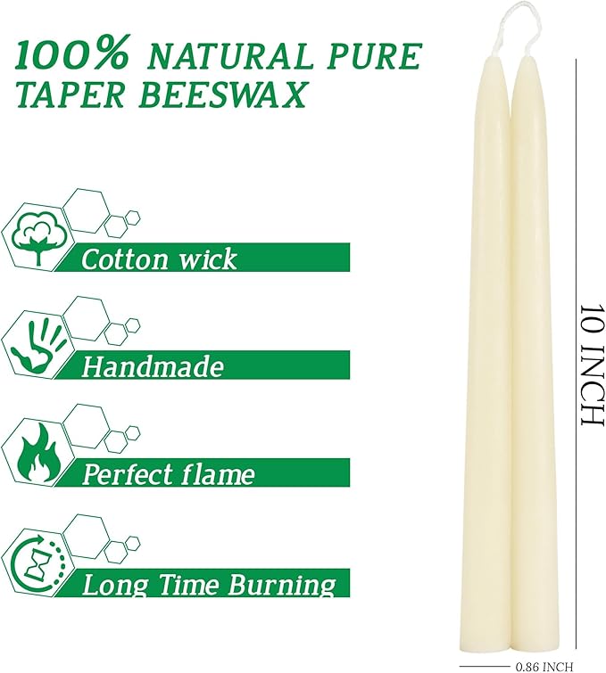 10" Natural Bee Waxs Candle Candlesticks 12 Pack,9 Hour Pure Long Burning Time,Cheer Up Gift for Friends Coworkers Dripless and Smokeless for Home Decor Party