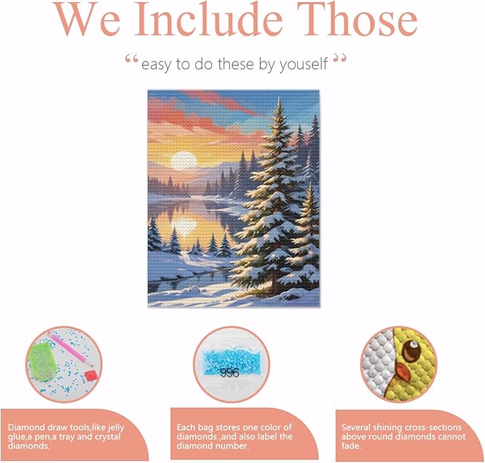 QZOTRXI Christmas Diamond Painting Kits for Adults, 5D DIY Snow Sunset Diamond Art Kits for Beginners, Winter Snow Gem Art Full Round Drill for Gifts and Home Wall Decor 8x10 Inch
