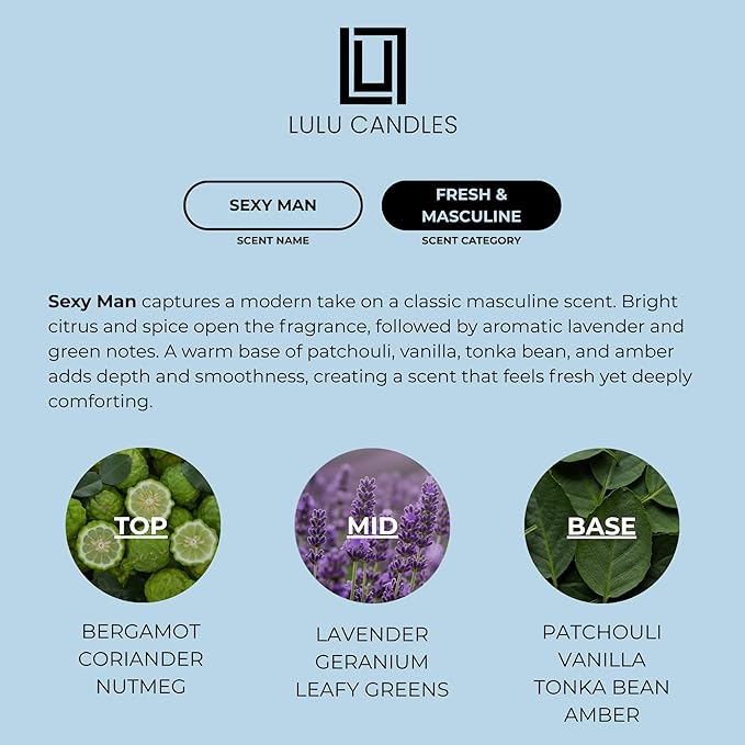 Lulu Candles | Sexy Man | Luxury Scented Soy Jar Candle | Hand Poured in The USA | Highly Scented & Long Lasting (9 Oz.)