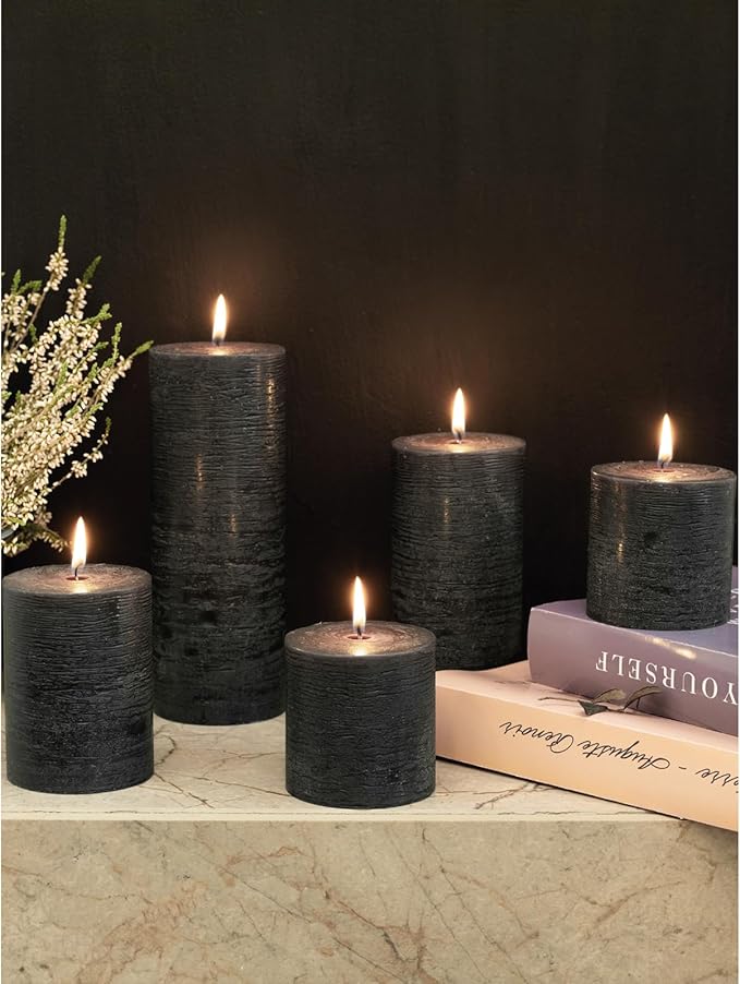 CANDWAX 3x4 inch Pillar Candles Set of 3 – Unscented Dripless Rustic Black Candles for Halloween Decor, Parties, Indoor Styling