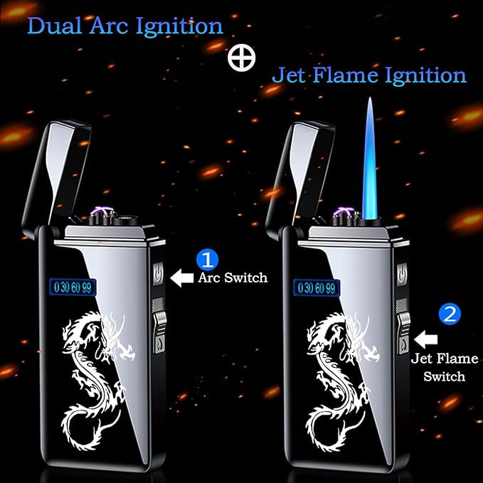 Arc Jet Flame Torch Lighter - 2 in 1 Electronic Refillable Butane, USB Rechargeable With Battery Indicator, Windproof Infinity Electric Cycle Charge (Rainbow Dragon)