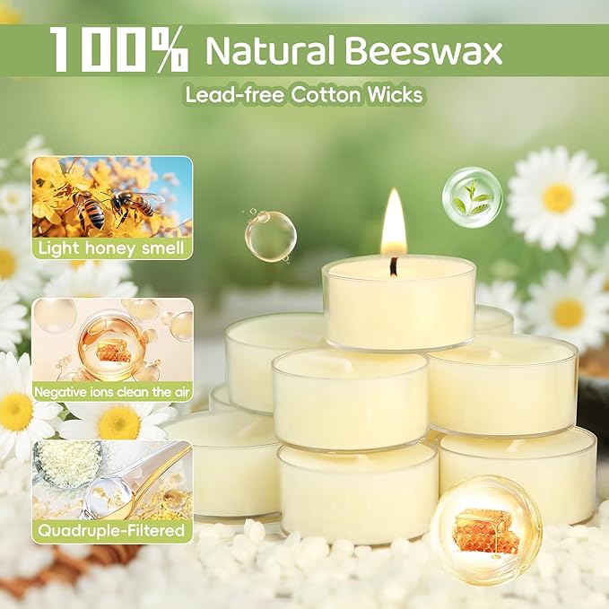 48Pcs White Beeswax Tea Light Candles-4 Hour Burn Time,100% Pure Natural Beeswax-Clean Burning & Air Purifying, Smokeless Bulk Tea Lights for Spa,Meditation,Wedding & Home Decor