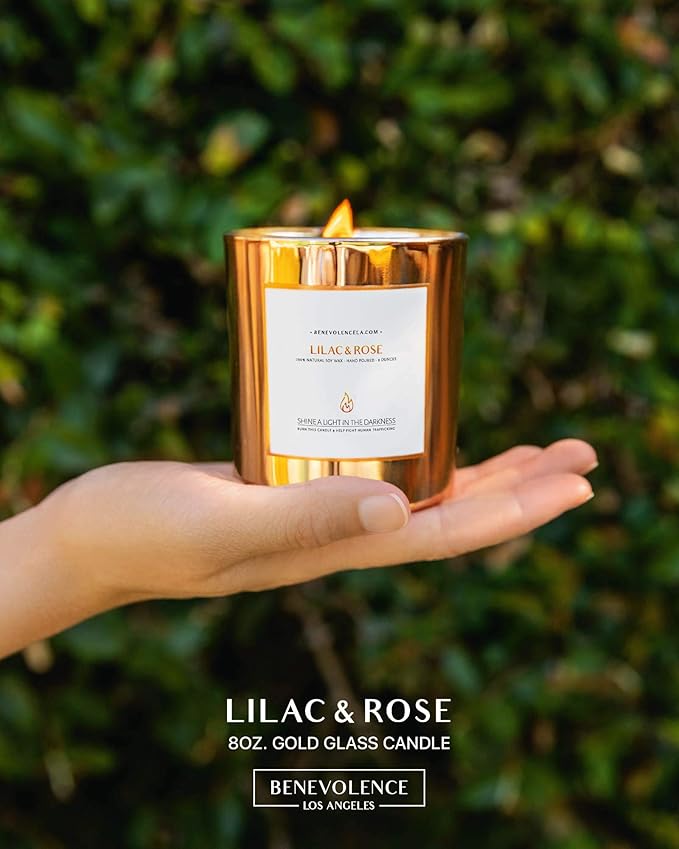 Benevolence LA Lilac & Rose Wood Wick Candles | Soy Christmas Scented Candles for Home | Holiday Candle Gifts for Women and Men | Home Fragrance | Aromatherapy | Bathroom Freshener | 8oz, 45 Hour Burn