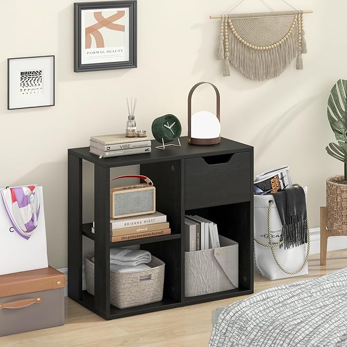 LOKO 3-Cube Bookshelf with Drawer Set of 2, 2-Tier Open Shelf Bookcase, Freestanding Display Shelf, Modern Home Storage Organizer, Shelving Unit for Living Room, Bedroom, Study, Office (2, Black)