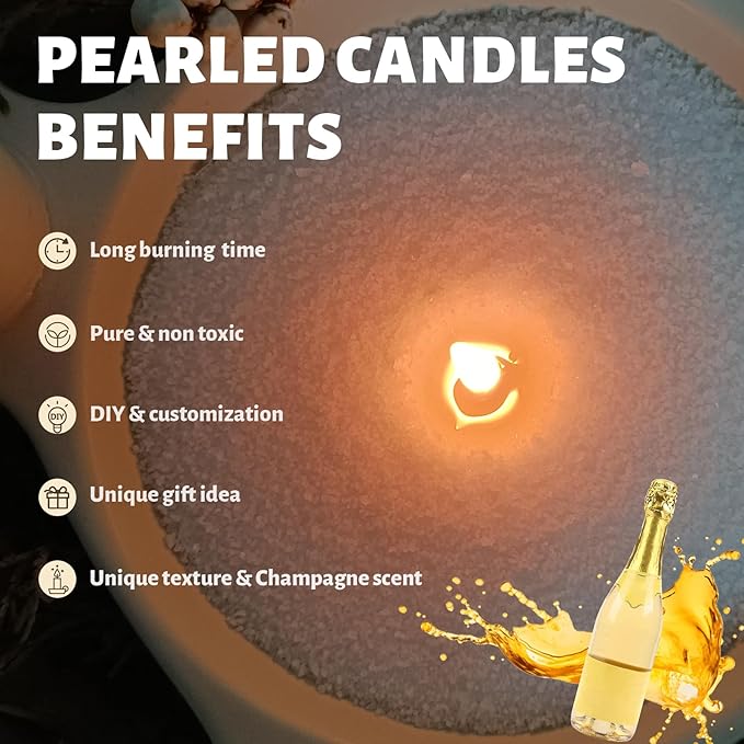 Champagne Scented White Pearled Candle 18oz Luxury Sand Candle Granulated Wax - 30 Cotton Wicks – Wax for Candle Making Decorative Candles Smooth and Clean Burning Lasts up to 120 Hours